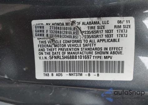 2011 Honda Odyssey Ex-L from USA, damaged, VIN 5FNRL5H68BB101697